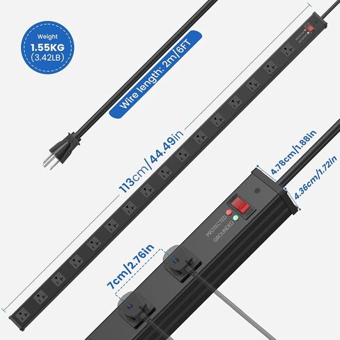 JUNNUJ Long 16 Outlet Power Strip Surge Protection 4800J, Wide Spaced Industrial Heavy Duty Outlets with 20Amp Switch, High Amp Extension Cord 6-20R T-Slot 6FT Black in Kuwait