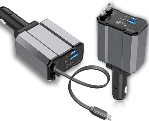 شاحن سيارة قابل للسحب، 4 في 1 شحن سريع للسيارة USB c، أساسيات رحلة الطريق، هدايا أساسيات السفر للنساء والرجال، ملحقات السيارة لهاتف iPhone 16 15 14 13 12، لهاتف Samsung، أسود in Kuwait