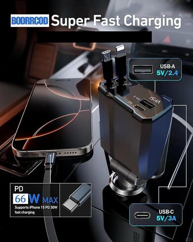 شاحن سيارة قابل للسحب، 4 في 1 شحن سريع للسيارة USB c، أساسيات رحلة الطريق، هدايا أساسيات السفر للنساء والرجال، ملحقات السيارة لهاتف iPhone 16 15 14 13 12، لهاتف Samsung، أسود in Kuwait