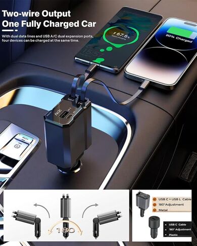 شاحن سيارة قابل للسحب، 4 في 1 شحن سريع للسيارة USB c، أساسيات رحلة الطريق، هدايا أساسيات السفر للنساء والرجال، ملحقات السيارة لهاتف iPhone 16 15 14 13 12، لهاتف Samsung، أسود in Kuwait