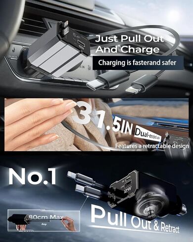 شاحن سيارة قابل للسحب، 4 في 1 شحن سريع للسيارة USB c، أساسيات رحلة الطريق، هدايا أساسيات السفر للنساء والرجال، ملحقات السيارة لهاتف iPhone 16 15 14 13 12، لهاتف Samsung، أسود in Kuwait