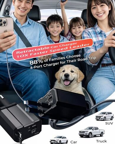 شاحن سيارة قابل للسحب، 4 في 1 شحن سريع للسيارة USB c، أساسيات رحلة الطريق، هدايا أساسيات السفر للنساء والرجال، ملحقات السيارة لهاتف iPhone 16 15 14 13 12، لهاتف Samsung، أسود in Kuwait