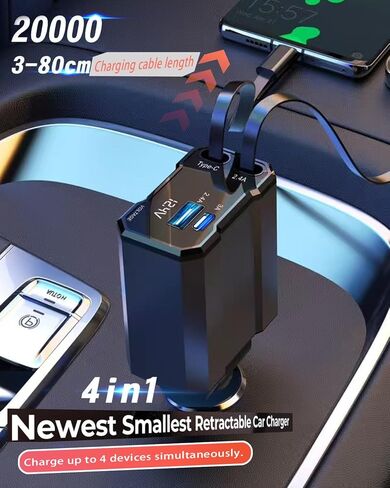 شاحن سيارة قابل للسحب، 4 في 1 شحن سريع للسيارة USB c، أساسيات رحلة الطريق، هدايا أساسيات السفر للنساء والرجال، ملحقات السيارة لهاتف iPhone 16 15 14 13 12، لهاتف Samsung، أسود in Kuwait