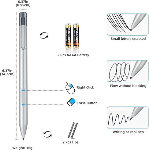 Stylus Pen for Microsoft Surface Pro 11/10/9/X/8/7+/7/6/5/4/3/Surface 3, Surface Go 4/3/2/1, Surface Laptop/Studio/Book 5/4/3/2/1, with 1024 Levels Pressure, Including 2 SpareTips & AAAA Batter,Silver in Saudi Arabia