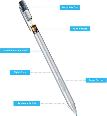 Stylus Pen for Microsoft Surface Pro 11/10/9/X/8/7+/7/6/5/4/3/Surface 3, Surface Go 4/3/2/1, Surface Laptop/Studio/Book 5/4/3/2/1, with 1024 Levels Pressure, Including 2 SpareTips & AAAA Batter,Silver in Saudi Arabia