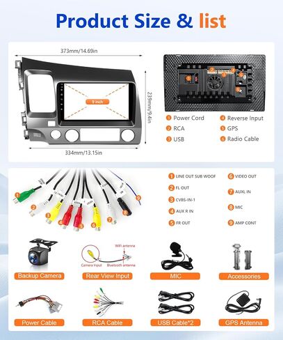 8Core 4G + 64G Android Car Stereo for Honda Civic 2006 to 2011 Apple CarPlay Android Auto, 9IN IPS Touch Screen for Civic Head Unit 5G WiFi GPS Navi FM RDS EQ DSP Audio Receiver SWC Camera in Saudi Arabia