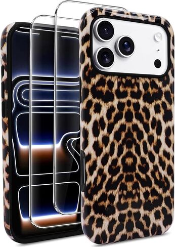 J.west Compatible with iPhone 17 Pro Max Case 6.9 inch with 2 Pack Tempered Glass Screen Protectors Cute Animal Leopard Hybrid Cover for Girls Women Aesthetic Protective Phone Cases Cheetah in Saudi Arabia