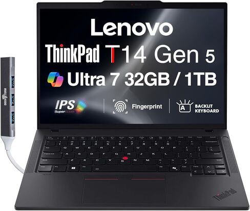 Lenovo ThinkPad T14 Gen 5 Business Laptop 14.0" IPS FHD+ (Intel Core Ultra 7 155U, 32GB RAM, 1TB PCIe SSD, Copilot, Thunderbolt 4, Webcam, Win11P) with Dockztorm Hub in Saudi Arabia