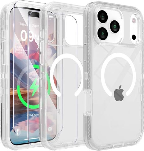 متوافق مع حافظة iPhone 17 Pro Max مع واقي شاشة، مقاوم للصدمات، متوافق مع MagSafe، حماية من السقوط بثلاث طبقات، غطاء هاتف مغناطيسي عالي التحمل، 6.9 بوصة، شفاف كريستالي in Kuwait