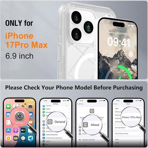 متوافق مع حافظة iPhone 17 Pro Max مع واقي شاشة، مقاوم للصدمات، متوافق مع MagSafe، حماية من السقوط بثلاث طبقات، غطاء هاتف مغناطيسي عالي التحمل، 6.9 بوصة، شفاف كريستالي in Kuwait