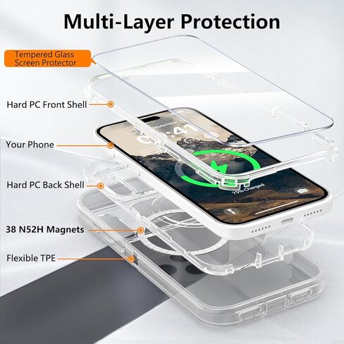 متوافق مع حافظة iPhone 17 Pro Max مع واقي شاشة، مقاوم للصدمات، متوافق مع MagSafe، حماية من السقوط بثلاث طبقات، غطاء هاتف مغناطيسي عالي التحمل، 6.9 بوصة، شفاف كريستالي in Kuwait