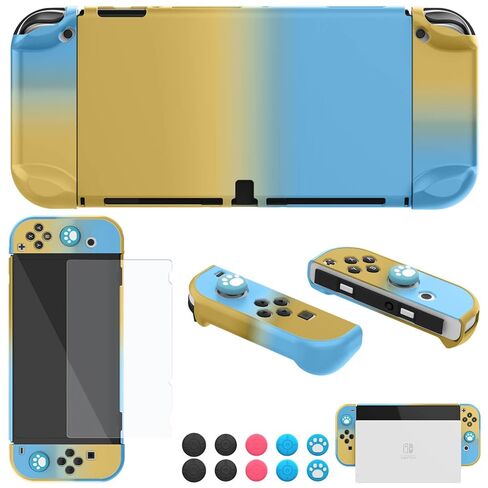 حافظة COMCOOL قابلة للإرساء لجهاز Nintendo Switch OLED - [حماية من السقوط من الدرجة العسكرية بطول 9 أقدام] [مع واقي شاشة من الزجاج المقسى ومقابض الإبهام] غطاء واقٍ لجهاز Nintendo Switch OLED - أصفر وأزرق in Kuwait