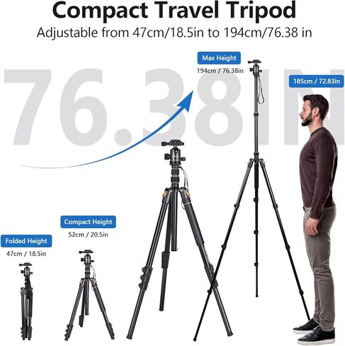 76.38" Camera Tripod with Safety Quick Release, Professional Travel Tripod Stand for DSLR Mirrorless Camera & Phone, Tripod for Photography Video Recording Live Streaming in Saudi Arabia