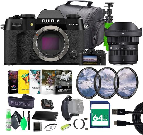 مجموعة هيكل الكاميرا الرقمية Fujifilm X-T50 بدون مرآة + عدسة Sigma 10-18mm f/2.8 DC DN المعاصرة لفيلم Fuji-Film + بطاقة ذاكرة قوية سعة 64 جيجابايت + حقيبة كامارا + حامل ثلاثي القوائم لمدونات الفيديو + المزيد (أسود) in Saudi Arabia