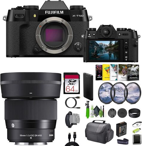 Fujifilm X-T50 Mirrorless Digital Camera Body Bundle with Sigma 56mm f/1.4 DC DN Contemporary Lens for Fuji-Film X + 64GB Memory Card + Camara Bag + Vlogging Tripod + More Accessories - Black in Saudi Arabia