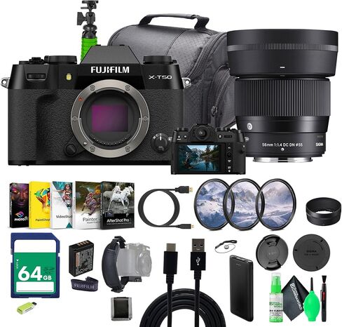 مجموعة كاميرا Fujifilm X-T50 الرقمية بدون مرآة + عدسة Sigma 56mm f/1.4 DC DN المعاصرة لـ Fuji-Film X + بطاقة ذاكرة 64 جيجابايت + حقيبة Camara + حامل ثلاثي القوائم + المزيد (أسود) in Saudi Arabia