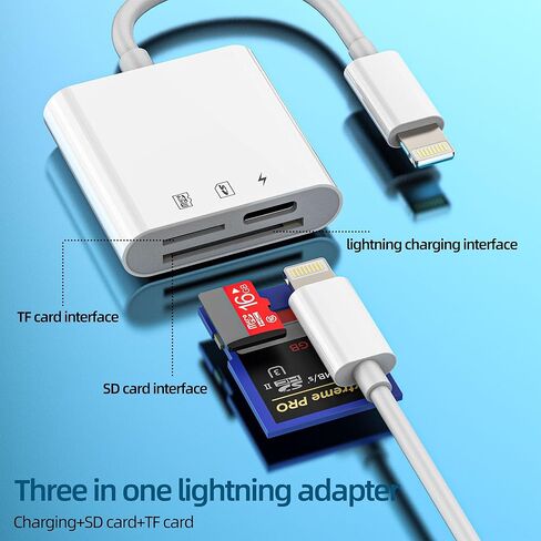 قارئ بطاقة SD لهاتف iPhone 14 13 Pro Max (3in1) Lightning إلى Micro SD Memory Stick محول شحن كاميرا رقمية TF أنثى منفذ قابس مزدوج لملحقات Apple Ipad كابل محول نقل الصور in Kuwait
