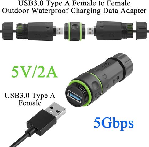 QIANRENON USB 3.0 Waterproof Coupler Adapter USB 3.0 Female to Female Outdoor Sealed Data Connector Straight Through Module IP68 Protection 5V2A Charging M20, for Outdoor USB Connection Extension in Saudi Arabia
