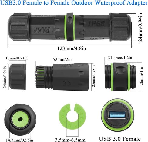 QIANRENON USB 3.0 Waterproof Coupler Adapter USB 3.0 Female to Female Outdoor Sealed Data Connector Straight Through Module IP68 Protection 5V2A Charging M20, for Outdoor USB Connection Extension in Saudi Arabia