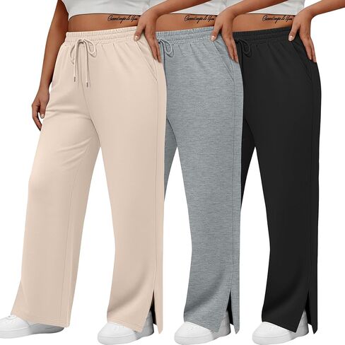Neer 3 قطعة المرأة حجم كبير Sweatpants واسعة الساق الرباط بنطلون طويل وواسع الجانب الشق مرونة الخصر تجريب بنطلون مع جيوب in Saudi Arabia