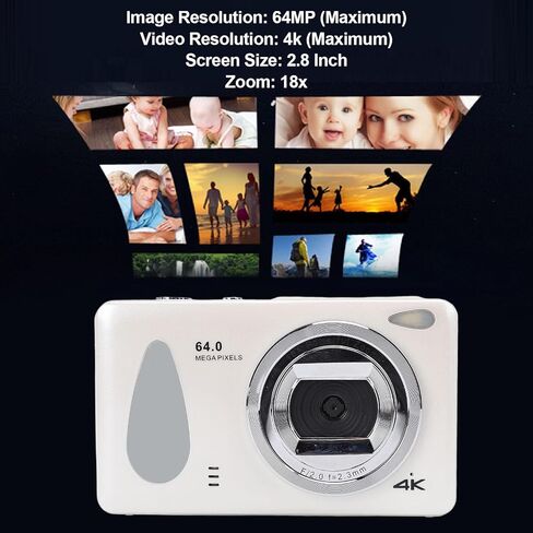 كاميرا رقمية، كاميرا رقمية بدقة 4K بدقة 64 ميجابكسل، تسجيل حلقة التركيز التلقائي بتكبير 18X، محمولة صغيرة الحجم للأطفال والمراهقين والبالغين (رمادي داكن) in Kuwait