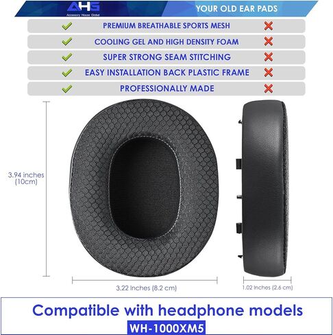 وسائد أذن بديلة ممتازة من AHG Accessories House Global Premium XM5 متوافقة مع سماعات الرأس اللاسلكية Sony WH-1000XM5 المتميزة بخاصية إلغاء الضوضاء. من السهل أن تناسب DIY | جل التبريد | راحة سميكة للغاية in Kuwait