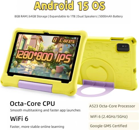 أجهزة لوحية Android 15 - جهاز لوحي للأطفال مقاس 10 بوصات مع حافظة، ثماني النواة، سعة تخزين 8 جيجابايت + 64 جيجابايت (قابلة للتوسيع إلى 1 تيرابايت)، كاميرا مزدوجة، معتمد من GMS، 5G WiFi 6، بلوتوث - جهاز لوحي للأطفال من سن 3 إلى 12 عامًا (أصفر) in Kuwait