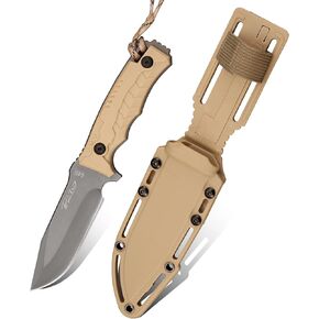 Fixed Blade Hunting Knife - 4.6" Full Tang 440 Stainless Steel Blade with Lightweight ABS Plastic Handle, EDC Tactical Knife with Holster & Lanyard, Camping Knives For Outdoor Hiking (Khaki) in Saudi Arabia