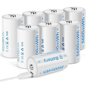 بطاريات ليثيوم D قابلة لإعادة الشحن مع كابل شحن USB-C 4 في 1 بقدرة 5600 مللي واط في الساعة وبطارية خلية بحجم D 1.5 فولت (6 عبوات) in Kuwait