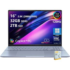 الكمبيوتر المحمول ASUS Vivobook S16 Copilot+ AI | 16 بوصة 2.8 كيلو OLED 120 هرتز | Intel Core Ultra 9 285H | 32 جيجابايت DDR5 2 تيرابايت SSD | إضاءة خلفية RGB لمصمم الأعمال المحترف Win11 Pro مع ملحق DLCA in Kuwait