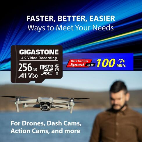 بطاقة GIGASTONE 256GB Micro SD A1 V30 حزمة واحدة، فيديو عالي الدقة بالكامل، كاميرا مراقبة أمنية بدون طيار، 100 ميجابايت/ثانية Micro SDHC فئة 10 in Kuwait
