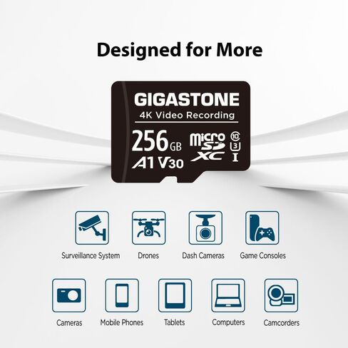 بطاقة GIGASTONE 256GB Micro SD A1 V30 حزمة واحدة، فيديو عالي الدقة بالكامل، كاميرا مراقبة أمنية بدون طيار، 100 ميجابايت/ثانية Micro SDHC فئة 10 in Kuwait