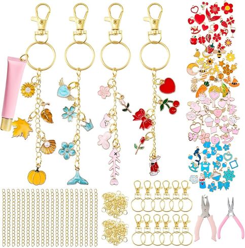 PYURTHITY 254 Pcs Lip Gloss Keychain Making Kit, Charm Jewelry Chain Making Crafts Including 120 Charms 12 Keychain Clips 20 Extender Chains 100 Jump Rings Jewelry Plier and Puncher for DIY Crafts in Saudi Arabia