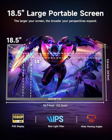Large Portable Monitor 18.5", 1080P FHD 100Hz 120% sRGB USB-C IPS Screen External Display for Laptop Mac Gaming Office PC, Travel Monitor with Kickstand & Speakers, VESA Mountable - LCD Panels in Kuwait
