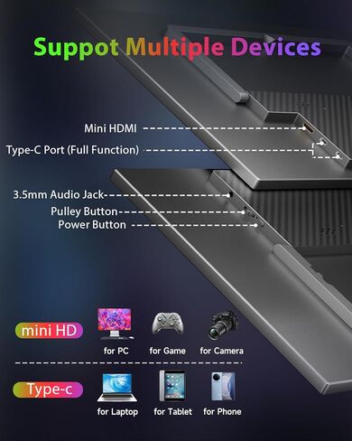 Large Portable Monitor 18.5", 1080P FHD 100Hz 120% sRGB USB-C IPS Screen External Display for Laptop Mac Gaming Office PC, Travel Monitor with Kickstand & Speakers, VESA Mountable - LCD Panels in Kuwait