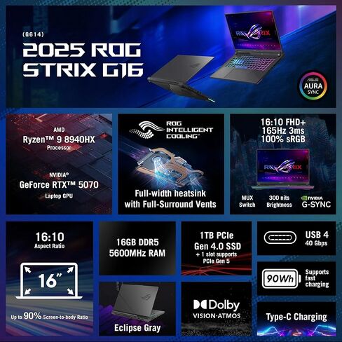 ASUS ROG Strix G16 Gaming Laptop, 16" 16:10 FHD+ 165Hz/3ms, NVIDIA GeForce RTX 5070, AMD Ryzen 9 8940HX (Beat i7-14650HX), 16GB DDR5-5600, 1TB PCIe Gen 4 SSD, Wi-Fi 6E, Windows 11 Pro, in Saudi Arabia