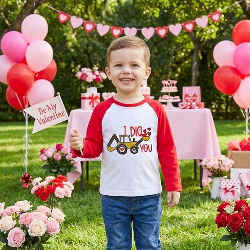 تي شيرت للأطفال الصغار لعيد الحب للأطفال على شكل شاحنة وحشية Excavator Love Heart وأكمام طويلة من عمر 2-5 سنوات in Kuwait