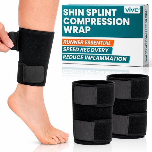Vive Shin Splint Compression Wrap (Pair) - Adjustable Brace for Pain Relief, Support and Recovery - Lower Calf Compression Sleeve - For Medial Tibial Stress Syndrome and Anterior Shin Splints (Black) in Saudi Arabia