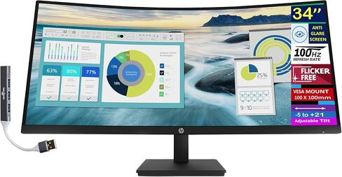 HP P34hc g4 34" WQHD Curved Monitor with 5ms Response Time, Anti-Glare, Flicker Free, 250 nits Brightness, VESA Mount (100mm), Displayport, HDMI & Dockztorm USB Port Expander, Black Color in Saudi Arabia