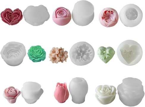 9Pcs Rose Flower Tulip Peony Heart Candle Soap Wax Mold Valentine Day Silicone for Small Butter Candles Chocolate Making Molds Silicones Shapes Moldes De Rosas Silicona para Velas in Saudi Arabia
