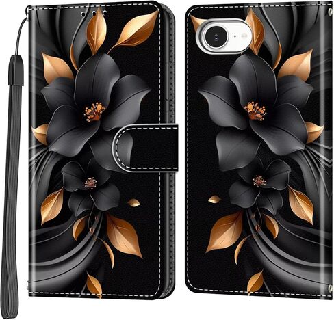 حافظة محفظة لهاتف iPhone 16e، [مسند] حامل 3 بطاقات [غلاف داخلي من مادة TPU مقاوم للصدمات]، غطاء قلاب واقٍ مغناطيسي من جلد البولي يوريثان مقاس 6.1 بوصة، زهرة سوداء in Kuwait