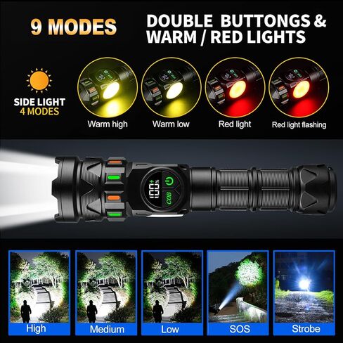 Rechargeable Flashlights High Lumens 5000 Long Distance, Super Bright LED Flash Lights with COB Sidelight USB C LCD Display, Daul Light Source & Buttons with Red Light, for Camping Hiking Emergency in Saudi Arabia
