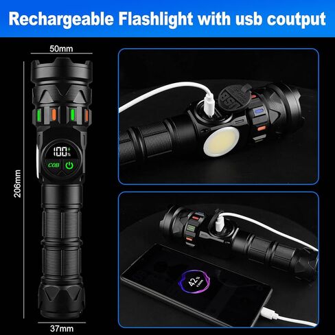 Rechargeable Flashlights High Lumens 5000 Long Distance, Super Bright LED Flash Lights with COB Sidelight USB C LCD Display, Daul Light Source & Buttons with Red Light, for Camping Hiking Emergency in Saudi Arabia