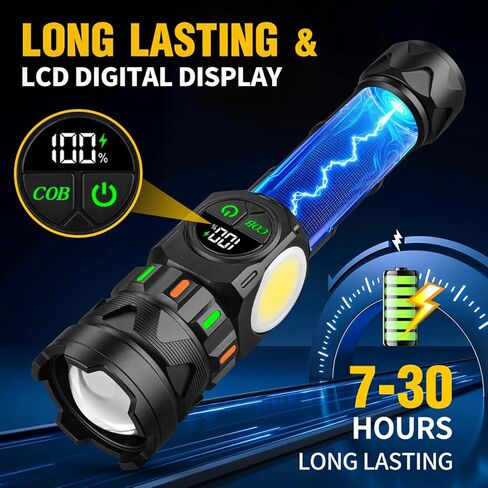 Rechargeable Flashlights High Lumens 5000 Long Distance, Super Bright LED Flash Lights with COB Sidelight USB C LCD Display, Daul Light Source & Buttons with Red Light, for Camping Hiking Emergency in Saudi Arabia