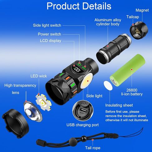 Rechargeable Flashlights High Lumens 5000 Long Distance, Super Bright LED Flash Lights with COB Sidelight USB C LCD Display, Daul Light Source & Buttons with Red Light, for Camping Hiking Emergency in Saudi Arabia