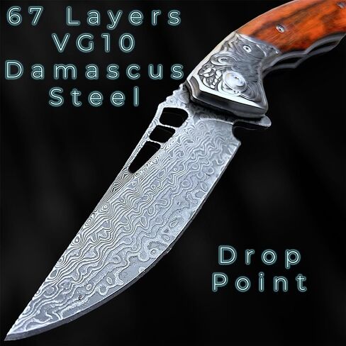 سكين جيب قابل للطي من TACTICAL GEARZ دمشق EDC، مقبض من خشب الورد الطبيعي، شفرة فولاذية دمشقية (Keahi XT) in Kuwait