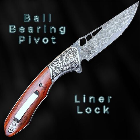 سكين جيب قابل للطي من TACTICAL GEARZ دمشق EDC، مقبض من خشب الورد الطبيعي، شفرة فولاذية دمشقية (Keahi XT) in Kuwait