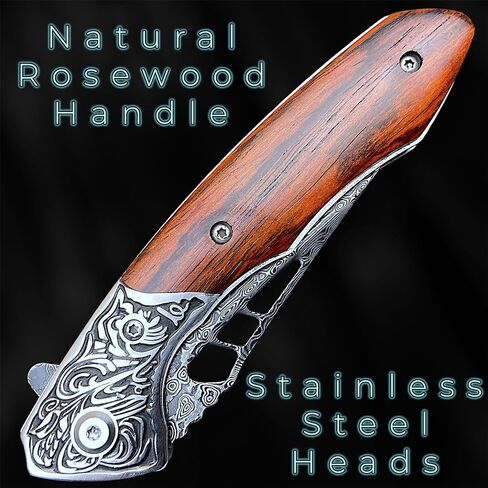 سكين جيب قابل للطي من TACTICAL GEARZ دمشق EDC، مقبض من خشب الورد الطبيعي، شفرة فولاذية دمشقية (Keahi XT) in Kuwait