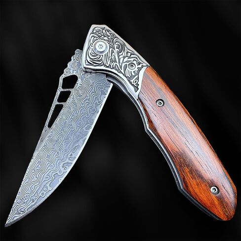 سكين جيب قابل للطي من TACTICAL GEARZ دمشق EDC، مقبض من خشب الورد الطبيعي، شفرة فولاذية دمشقية (Keahi XT) in Kuwait