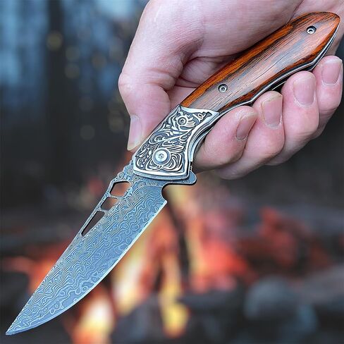 سكين جيب قابل للطي من TACTICAL GEARZ دمشق EDC، مقبض من خشب الورد الطبيعي، شفرة فولاذية دمشقية (Keahi XT) in Kuwait